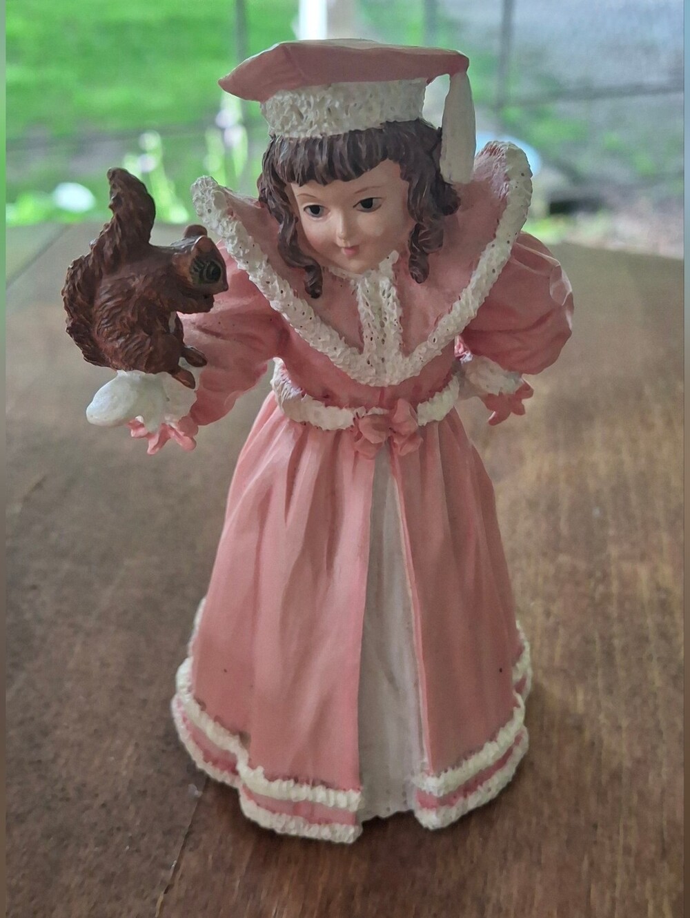Vintage Winter Girl Figurine Squirrel Chalkware Pink White Decor Taiwan Gift.